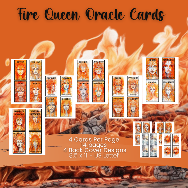 PRINTABLE CARD Deck, Spiritual Women, Fire, Queen, Oracle Cards, Tarot Size, 2.75 x 4.75, Letter, Digital Download, 50 Cards, Watercolor - Image 6