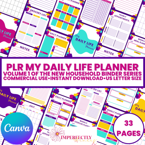 PLR My Daily Life Planner- 33 us letter size canva templates. Volume 1 of the Household Binder Series