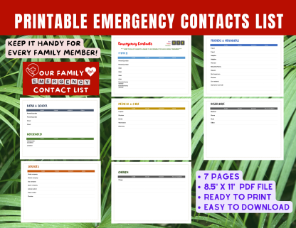 Printable Emergency Contacts List for Family Members and Caregivers