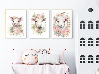Printable Nursery WALL ART, Baby Animal Wall Art,Set of 3 Wall Art, Digital Wall Art Printable, Cow Art, Pig Art, Sheep Art, Baby Art, Farm Animals