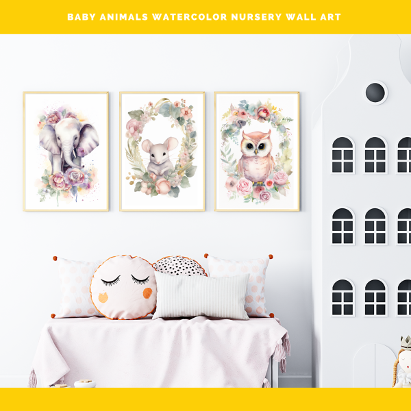 Printable Nursery WALL ART, Baby Animal Wall Art,Set of 3 Wall Art, Digital Wall Art Printable, Elephant, Mouse, and Owl - Image 3