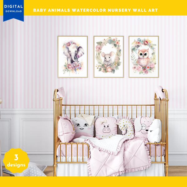 Printable Nursery WALL ART, Baby Animal Wall Art,Set of 3 Wall Art, Digital Wall Art Printable, Elephant, Mouse, and Owl - Image 2