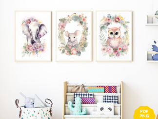 Printable Nursery WALL ART, Baby Animal Wall Art,Set of 3 Wall Art, Digital Wall Art Printable, Elephant, Mouse, and Owl