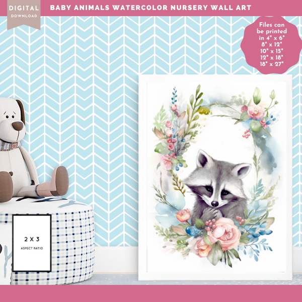 Printable Nursery WALL ART, Baby Animal Wall Art,Set of 3 Wall Art, Digital Wall Art Printable, Raccoon Art, Panda Bear Art, Bunny Art, Baby Art - Image 7
