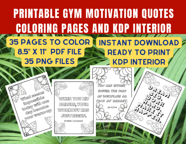 Printable Gym Motivation Quotes Coloring KDP Interior