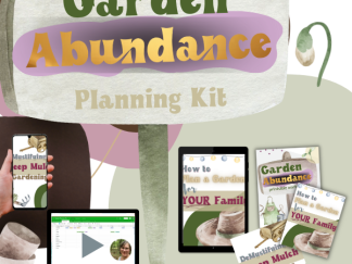 garden planning kit images with seedlings and water cans, outdoor festive lights and showing the printables, videos, charts, and airtable resources that come with this garden planning kit undated.