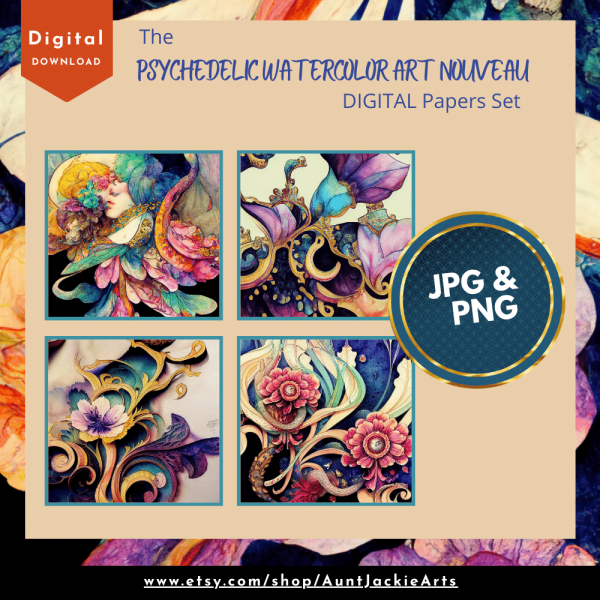 DIGITAL PAPER Bundle - Psychedelic Watercolor Art Nouveau Digital Papers 12 - Papers Pack 12 - 12x12 - jpg png - 6000px - Set 2 of 7 - Image 3