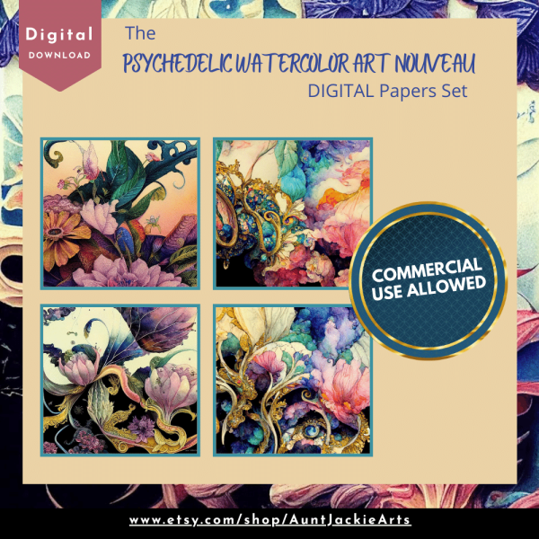 DIGITAL PAPER Bundle - Psychedelic Watercolor Art Nouveau Digital Papers 12 - Papers Pack 12 - 12x12 - jpg png - 6000px - Set 2 of 7 - Image 5