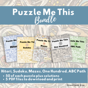 This image shows the 5 sets of puzzles included in the "Puzzle Me This" Bundle. The following sets are included: Sudoku, Hitori, Mazes, ABC Path, and One Hundred. Each set contains 50 puzzles and the solutions.