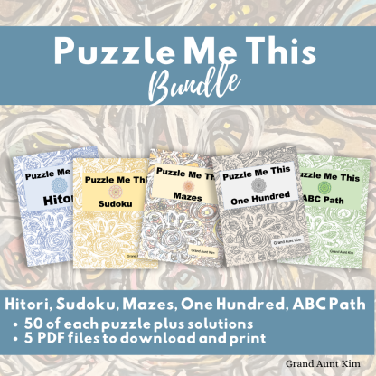 This image shows the 5 sets of puzzles included in the "Puzzle Me This" Bundle. The following sets are included: Sudoku, Hitori, Mazes, ABC Path, and One Hundred. Each set contains 50 puzzles and the solutions.