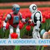 Two toy robots standing in a field of red tulips, five Easter eggs nearby.