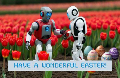 Two toy robots standing in a field of red tulips, five Easter eggs nearby.
