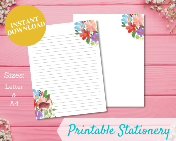 Printable Stationery Forest Floral Deer- Printable Note Paper, Printable Paper, Letter Writing Paper, Digital Letter Paper, Digital Download