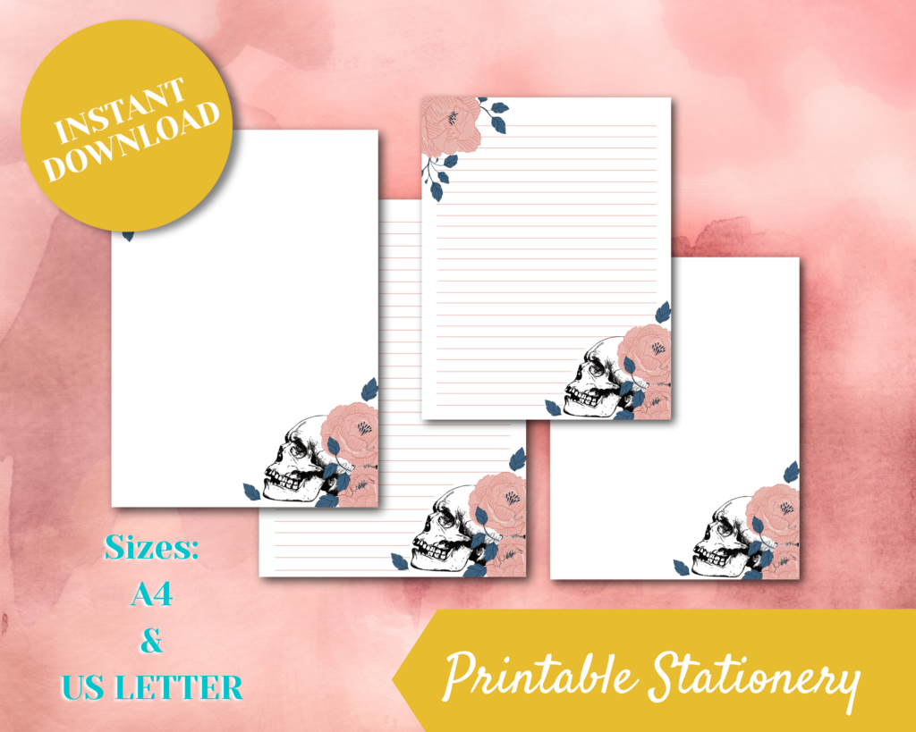 Printable Floral Skull Stationery - Gothic Note Paper, Halloween Spooky ...