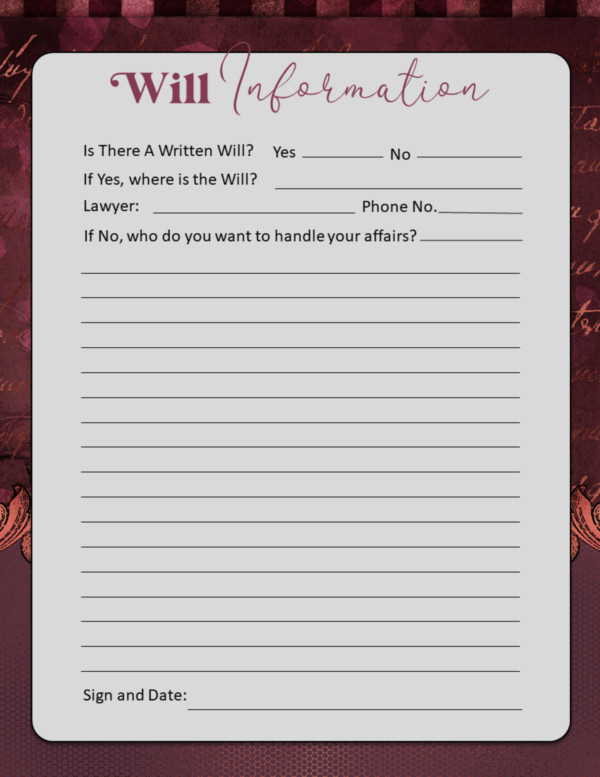 Printable Burgundy Vintage Ornate Final Wishes Estate Planner - Image 19