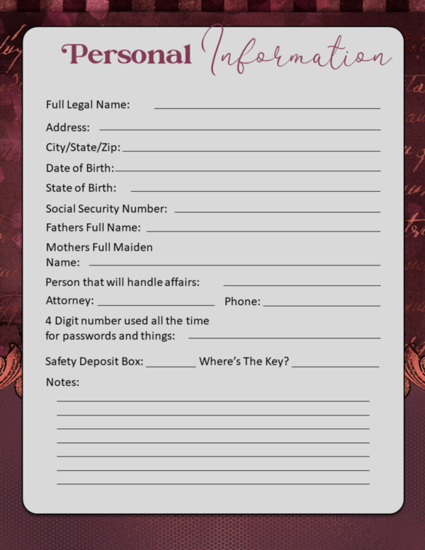 Printable Burgundy Vintage Ornate Final Wishes Estate Planner - Image 5
