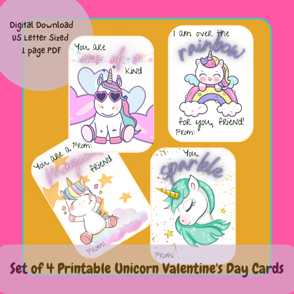 Valentines Cards for Kids Printable | Unicorn Valentines for Kids