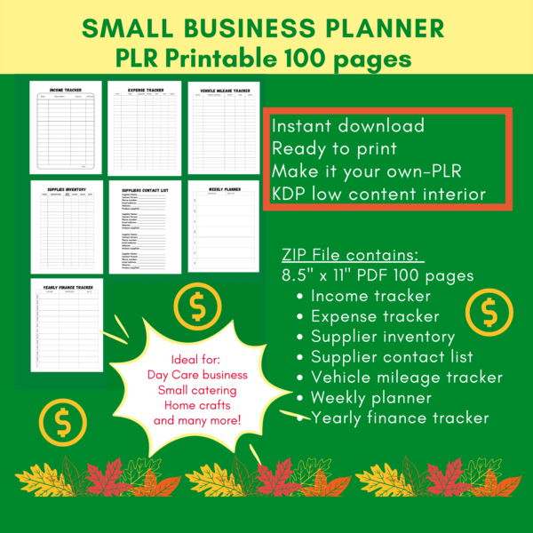 PLR Printable Small Business Planner Trackers 100 pages 8.5x11