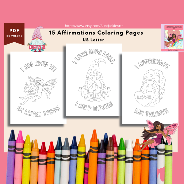 PRINTABLE COLORING Pages | Fairy and Gnome Valentines Day Self-Love & Affirmations Coloring Book, 35 Pages, Fairies, Gnomes, US Letter - Image 8