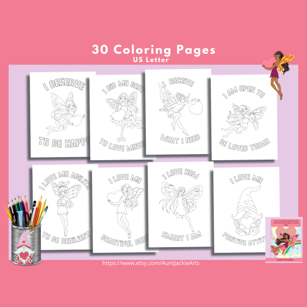 PRINTABLE COLORING Pages | Fairy and Gnome Valentines Day Self-Love & Affirmations Coloring Book, 35 Pages, Fairies, Gnomes, US Letter - Image 5