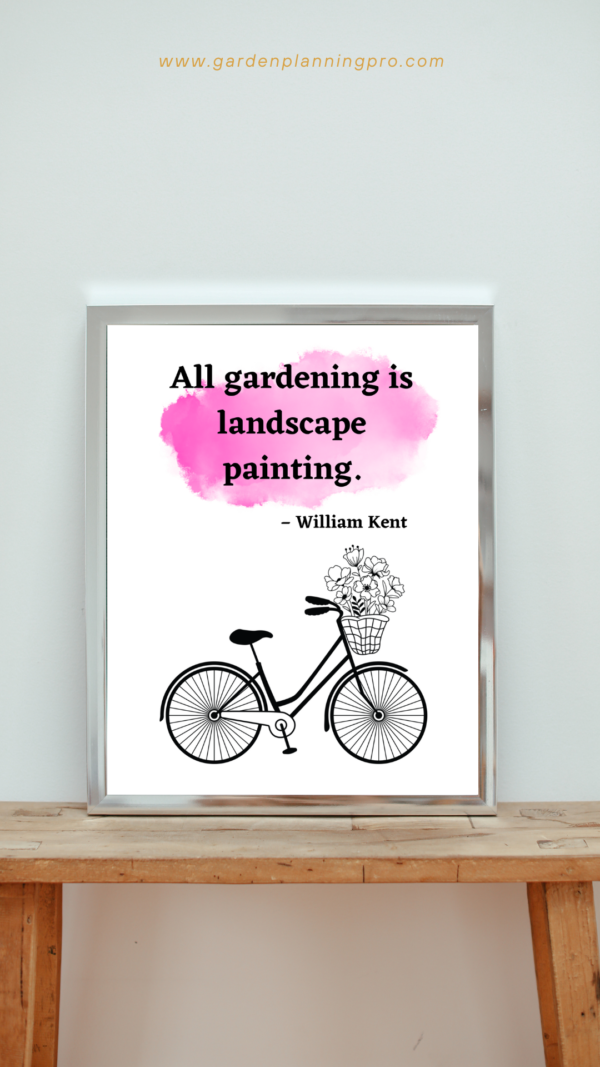 picture frame on a table mock up for farmhouse bicycle that has wildflowers in the basket on the printable of a gardening quote