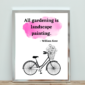 picture frame on a table mock up for farmhouse bicycle that has wildflowers in the basket on the printable of a gardening quote