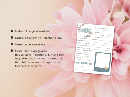 All About Grandma Questionnaire Blue Floral, Mother's Day Printable Gift for Grandma - Image 3