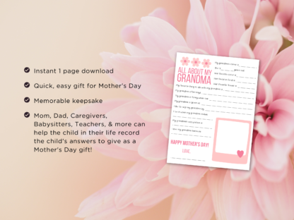 All About Grandma Questionnaire Pink, Mother's Day Printable Gift for Grandmother - Image 2