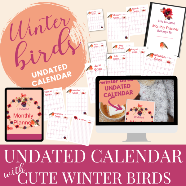 Winter Birds themed Calendar with Journal page previews