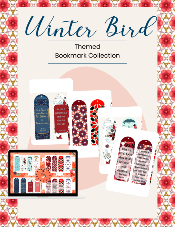 Bird themed bookmarks depicted in preview style graphics with small pictures of all the products for the collection