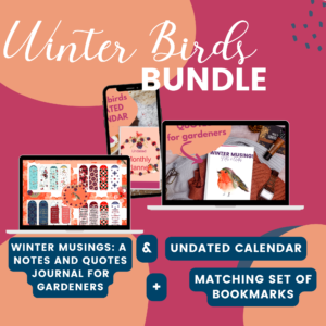 images for winter birds bundle which includes promo images of bookmarks and downloadable printable images of undated calendar as well as a gardenening notes and quotes journal