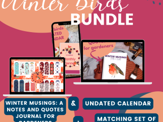 images for winter birds bundle which includes promo images of bookmarks and downloadable printable images of undated calendar as well as a gardenening notes and quotes journal