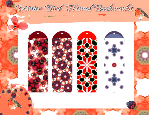 Winter bird themed bookmarks with the same color patterns as the birds on the bookmark background