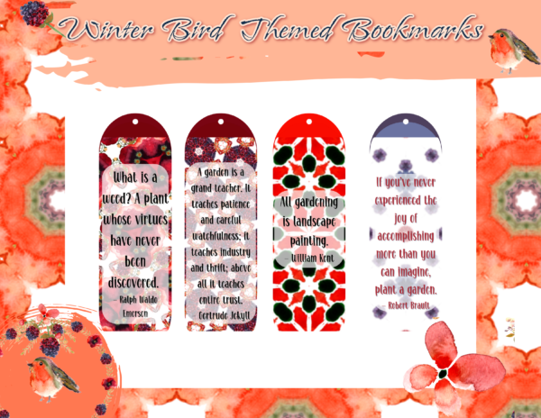 Winter bird themed bookmark previews with peachy patterned background and gardening quotes on the bookmarks