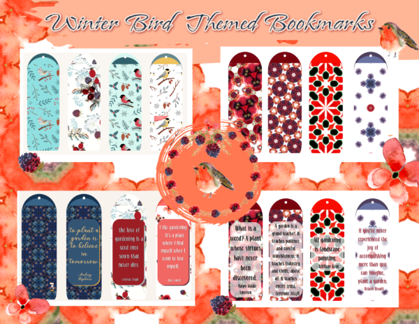 a preview set with all 12 winter bird themed bookmarks and gardening uotes