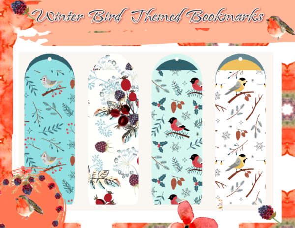 Bird Themed Prints on bookmarks of winter birds