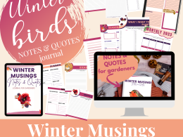 Winter gardening journal and notes pages preview with winter bird themed design and peach and berry colors there are pages for notes, musings, what you want to plant, plant profile, what you want to do differently next year and more.