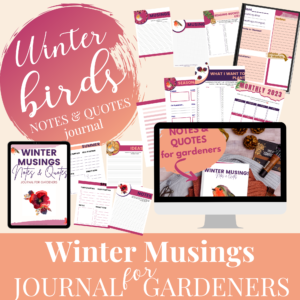 Winter gardening journal and notes pages preview with winter bird themed design and peach and berry colors there are pages for notes, musings, what you want to plant, plant profile, what you want to do differently next year and more.