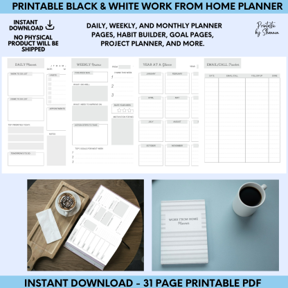 Work from Home Planner, Minimalist Black & White Design, Save Ink, Printable