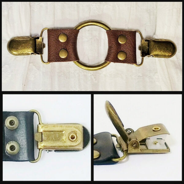 Brown leather cinch clip with bronze tone clips & o-ring. Shirt clip, dress clip, sweater clip, skirt clip, jacket clip. Instant DIY tailoring. Shipping included. - Image 2