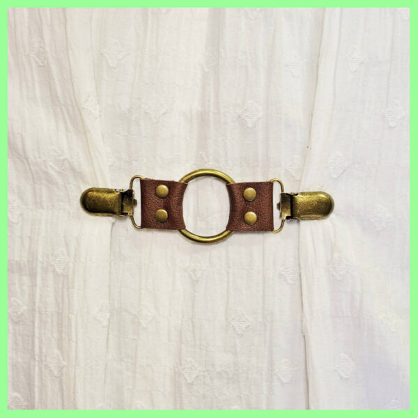 Brown leather cinch clip with bronze tone clips & o-ring. Shirt clip, dress clip, sweater clip, skirt clip, jacket clip. Instant DIY tailoring. Shipping included.
