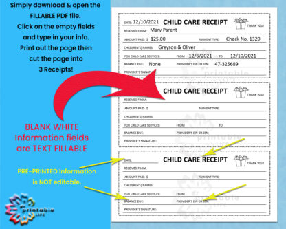 Child Care Receipt Form Daycare Printable, Childcare Payments, Instant Download, Digital File, Fillable and Print Then Write - Image 2