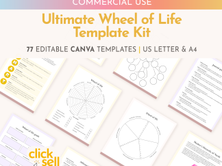 Wheel of Life Editable Canva Template Kit | Commercial Use | PLR Fully Customisable Life Wheel worksheets for coaches and resellers