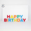 A greeting card with a white base, with a white insert that has the words Happy Birthday that pop up. Birthday is on the bottom and Happy is centered above it. Individual letters spelling Happy Birthday are glued to the white insert of the card.