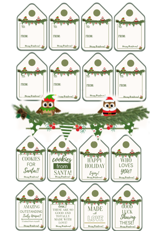 green garland with festive Owls on gift tags