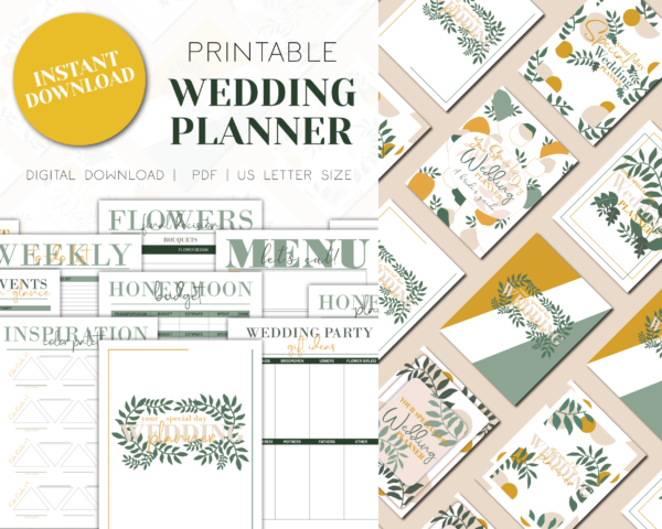 gold and sage green wedding planner printable