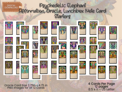 Psychedelic Elephant Affirmation, Oracle, Lunchbox Notes Card Template, 48 Cards, PNG, PDF - Image 4