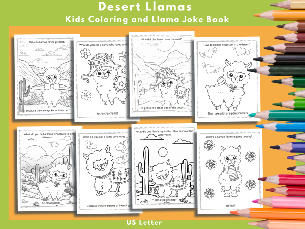 Llama Coloring, Coloring Page Bundle, Llama Coloring Pages for Kids, 30 Pages, Kids Joke Book, US Letter, Desert Llamas,Alpaca in the Desert - Image 10