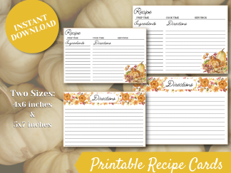 Autumn Thanksgiving Recipe Cards - Fall Printable Recipe Cards, Pumpkin Recipe Cards 4x6 inches, 5x7 inches