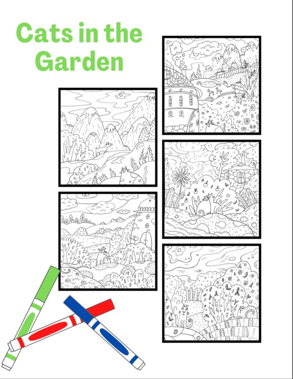 PRINTABLE "Cats in the Garden" Digital Coloring Pages and Bonus Frames  5 PAGES